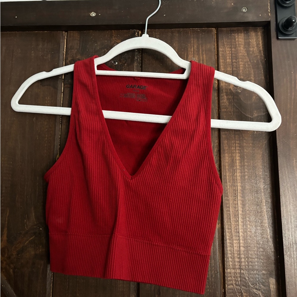 Garage Red Ribbed V-Neck Crop Top